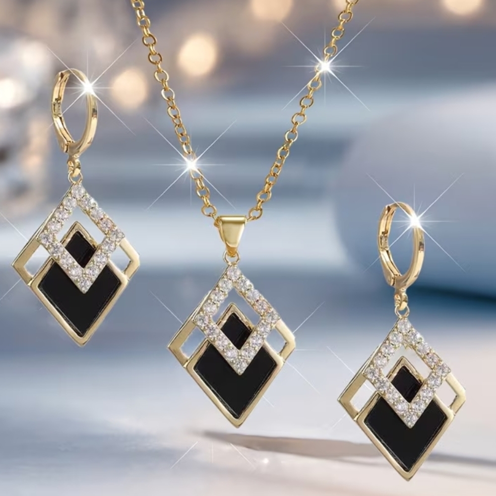 Gold-Tone Black Geometric Pendant Necklace & Earring Set